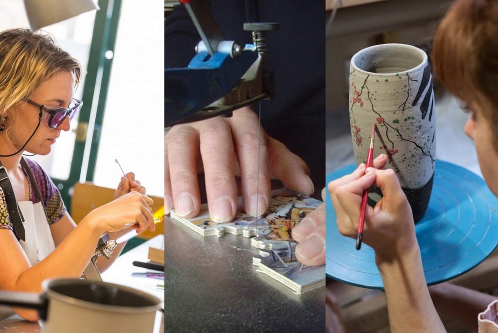 Atelier Vertige : création de bijoux · Atelier le Colimaçon : création de puzzle en bois · Atelier Méli-Melo de Terre : poterie